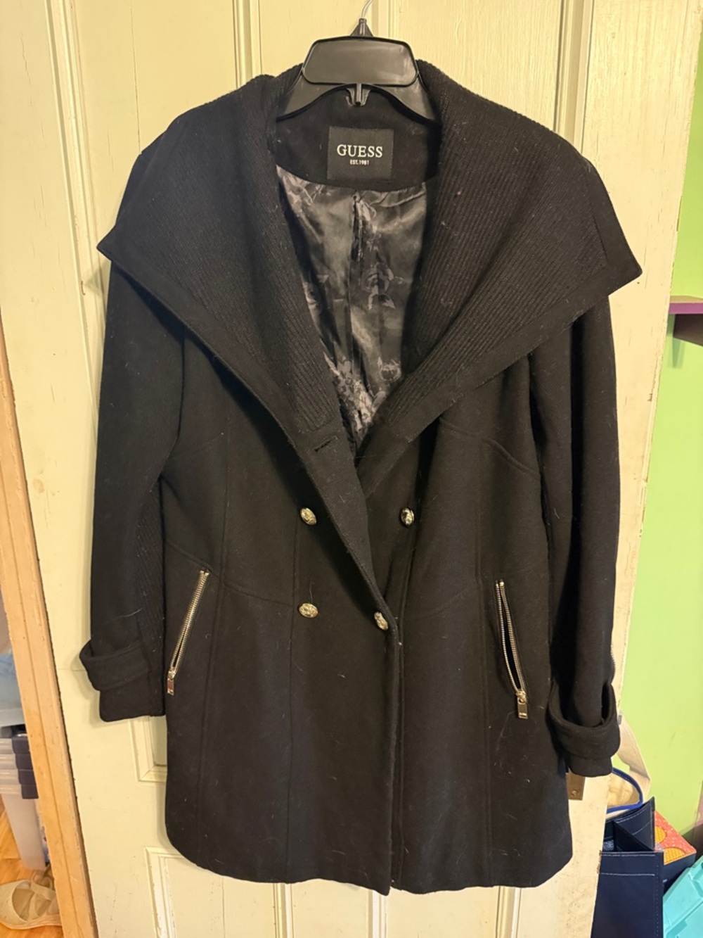 GUESS Black Double-Breasted Pea Coat with Shawl Collar